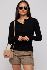 Black Ribbed Knit Button Long Sleeve Maternity Top