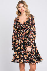 Black Floral Chiffon Sweetheart Neck Long Puff Sleeve Maternity Dress