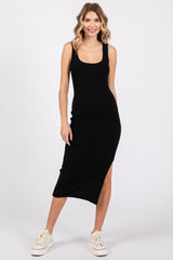 Black Ribbed Knit Sleeveless Side Slit Maternity Dress