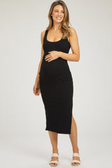 Black Ribbed Knit Sleeveless Side Slit Maternity Dress