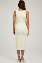 Ivory Ribbed Knit Sleeveless Side Slit Maternity Dress