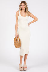 Ivory Ribbed Knit Sleeveless Side Slit Maternity Dress