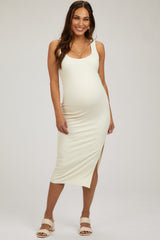 Ivory Ribbed Knit Sleeveless Side Slit Maternity Dress