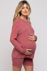 Burgundy Ribbed Long Sleeve Maternity Shorts Set