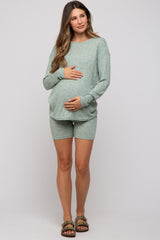 Green Ribbed Long Sleeve Maternity Shorts Set