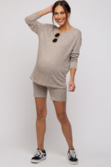 Mocha Ribbed Long Sleeve Maternity Shorts Set