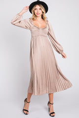 Mocha Sweetheart Pleated Long Sleeve Midi Dress