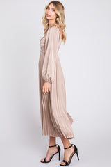 Mocha Sweetheart Pleated Long Sleeve Midi Dress