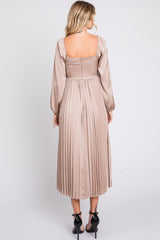 Mocha Sweetheart Pleated Long Sleeve Midi Dress