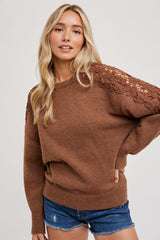 Mocha Crochet Lace Shoulder Maternity Sweater