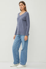 Blue V-Neck Basic Sweater