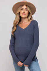 Blue V-Neck Basic Maternity Sweater