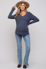 Blue V-Neck Basic Maternity Sweater