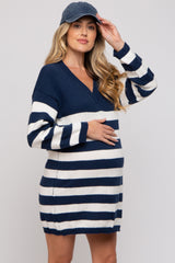 Navy Striped V-Neck Maternity Sweater Dress