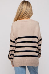 Beige Striped Oversized Side Slit Maternity Sweater