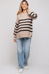 Beige Striped Oversized Side Slit Maternity Sweater