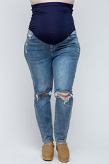 Blue Distressed Ripped Knee Maternity Plus Jeans