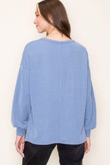 Blue Ribbed Long Sleeve Top