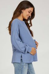 Blue Ribbed Long Sleeve Maternity Top