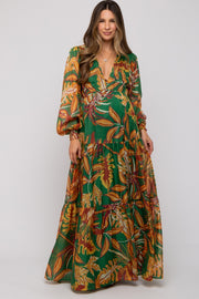 Green Leaf Print Maternity Tiered Maxi Dress