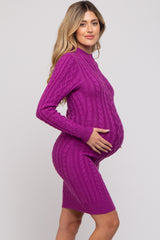 Magenta Cable Knit Mock Neck Long Sleeve Maternity Sweater Dress