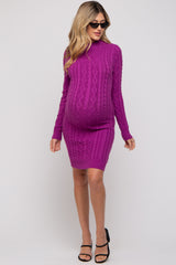 Magenta Cable Knit Mock Neck Long Sleeve Maternity Sweater Dress