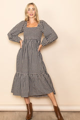 Black Gingham Long Sleeve Midi Dress