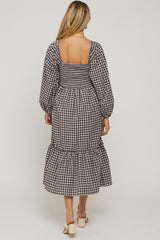 Black Gingham Long Sleeve Maternity Midi Dress