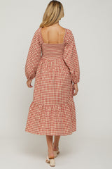 Rust Gingham Long Sleeve Maternity Midi Dress