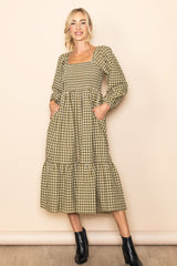 Olive Gingham Long Sleeve Maternity Midi Dress