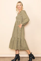 Olive Gingham Long Sleeve Midi Dress