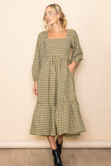 Olive Gingham Long Sleeve Midi Dress