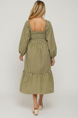 Olive Gingham Long Sleeve Maternity Midi Dress