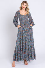 Navy Floral Long Sleeve Maternity Maxi Dress