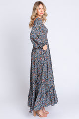 Navy Floral Long Sleeve Maxi Dress