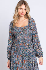 Navy Floral Long Sleeve Maxi Dress