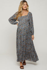 Navy Floral Long Sleeve Maternity Maxi Dress