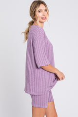 Purple Ribbed Soft Short Sleeve Shorts Set