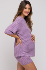 Purple Ribbed Soft Short Sleeve Maternity Shorts Set