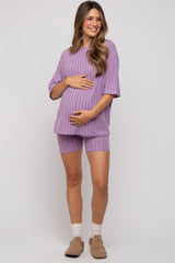 Purple Ribbed Soft Short Sleeve Maternity Shorts Set