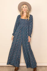 Dark Teal Floral Smocked Wide Leg Maternity Jumpsuit