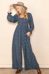 Dark Teal Floral Smocked Wide Leg Jumpsuit