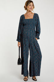 Dark Teal Floral Smocked Wide Leg Maternity Jumpsuit