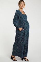 Dark Teal Floral Smocked Wide Leg Maternity Jumpsuit