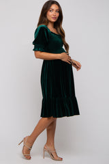 Forest Green Velvet Smocked Puff Sleeve Maternity Dress