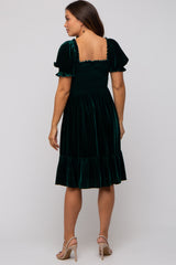 Forest Green Velvet Smocked Puff Sleeve Maternity Dress