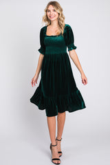 Forest Green Velvet Smocked Puff Sleeve Maternity Dress