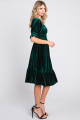 Forest Green Velvet Smocked Puff Sleeve Dress