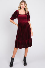 Burgundy Velvet Smocked Puff Sleeve Maternity Dress