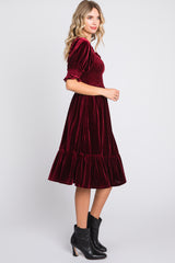 Burgundy Velvet Smocked Puff Sleeve Dress